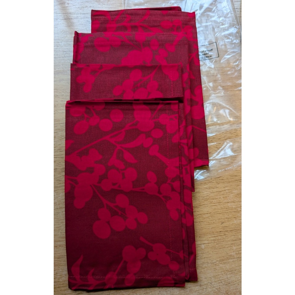 ASDA Set of 4 Red Botanical Berry Print 100% Cotton Napkins 40x40cm New
